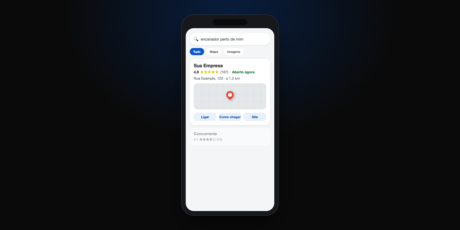 Exemplo de resultado de busca local no Google, negócio bem posicionado com nota alta e "Aberto agora"