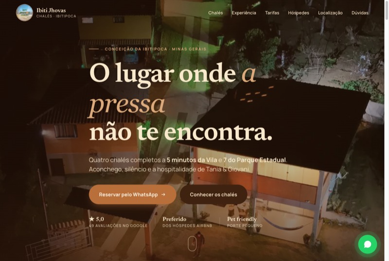 Página inicial do site do Ibitijhovas Chalés